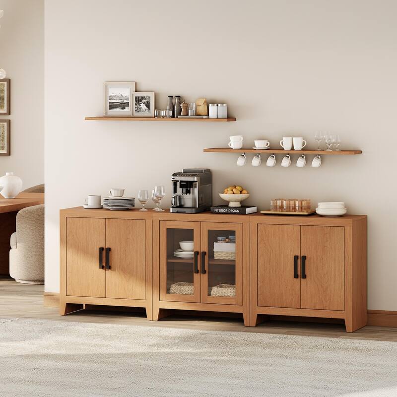WAMPAT Farmhouse Buffet Cabinet with Glass Doors, 3-Piece Modular Sideboard with Adjustable Shelves - Mocha