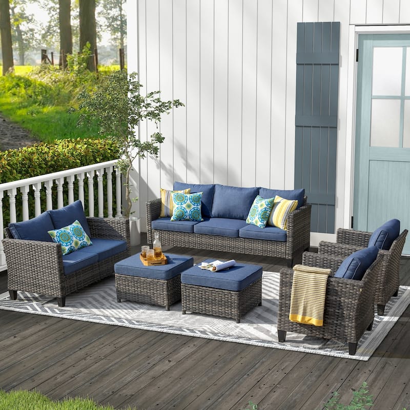 OVIOS 6-piece Patio Wicker Furniture Loveseat Conversation Set - Blue