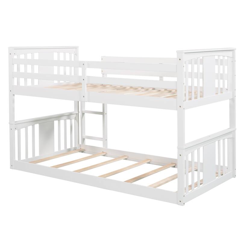 Twin Over Twin Bunk Bed with Ladder, Solid Wood Low Bunkbed Frame