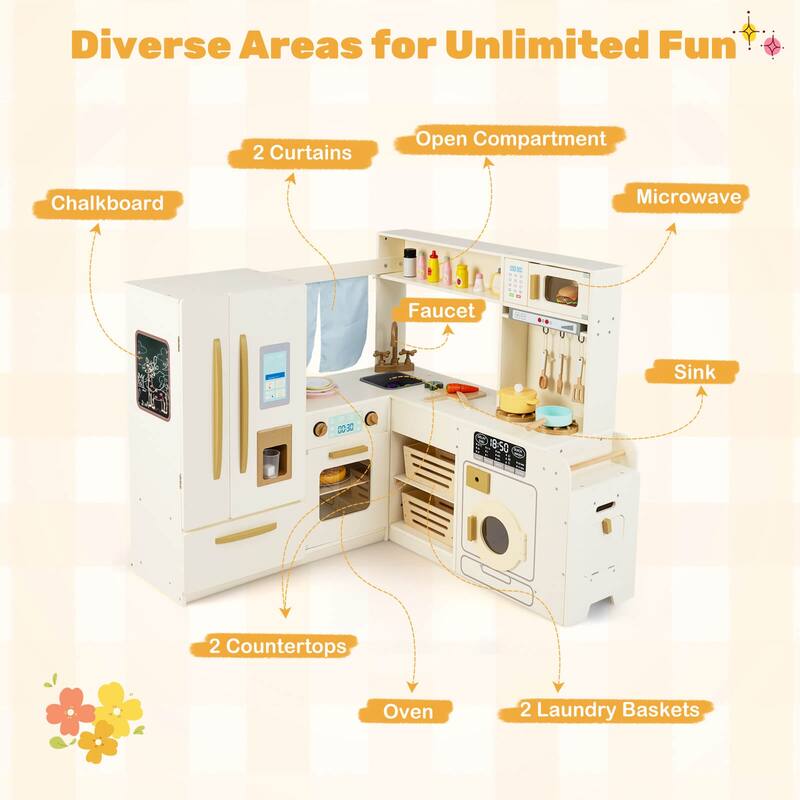 Costway Corner Play Kitchen with Lights & Sounds Wooden Toy Kitchen - See Details