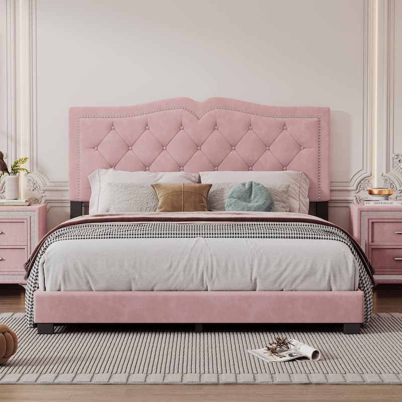 Upholstered Bed Frame with Rivet Design