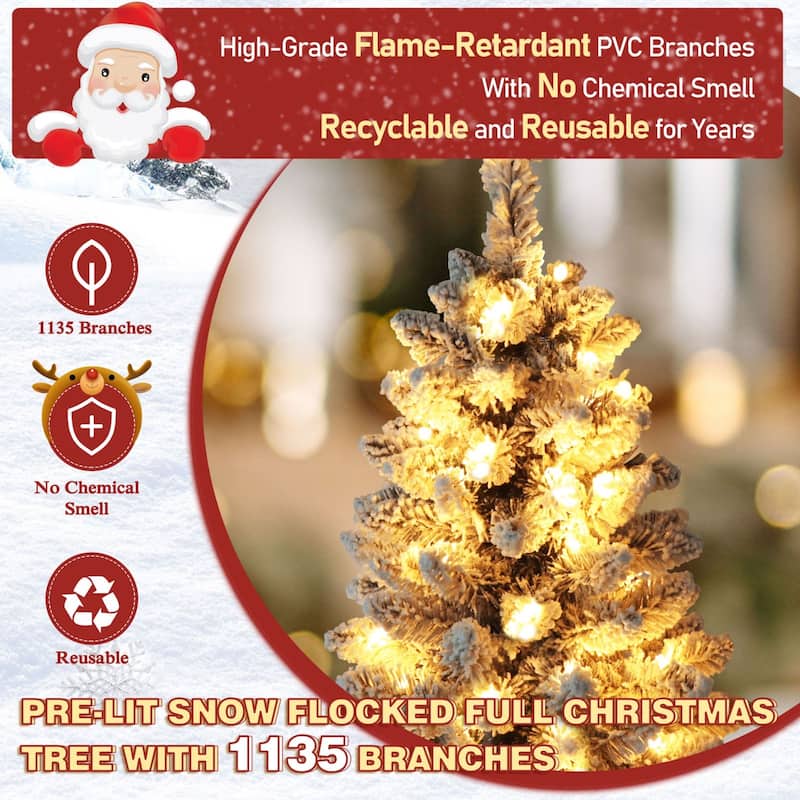 VEIKOUS 6.5FT/7.5FT Pre-lit Christmas Tree Snow Flocked/Artificial with Lights and Metal Stand