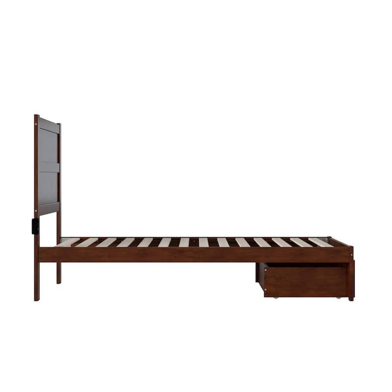 Twin XL Bed with Drawer - Modern Platform Bed Frame, Walnut Finish, Storage Solution