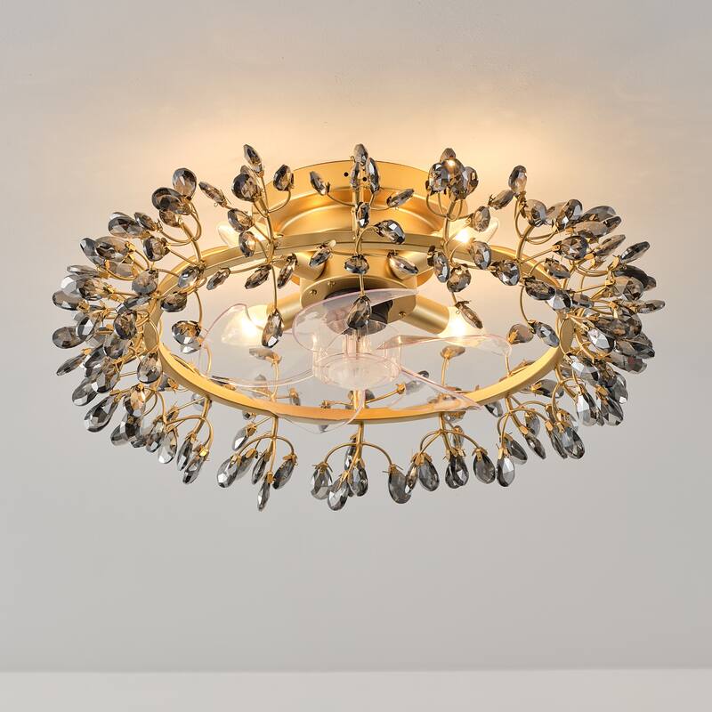 23" Modern Gold 4-Light Grey Crystal Low-Profile Flush Mount Ceiling Fan with Remote