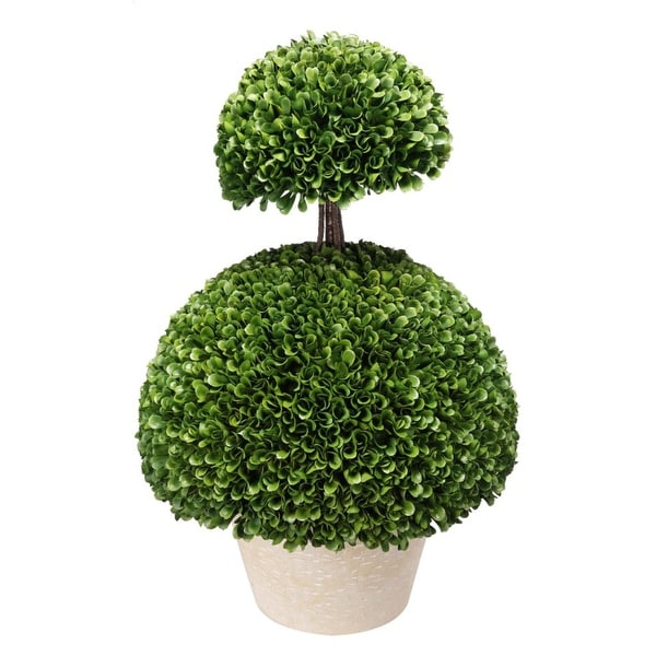 24" Green and White Artificial Boxwood Topiary Double Semi-Circles - N/A