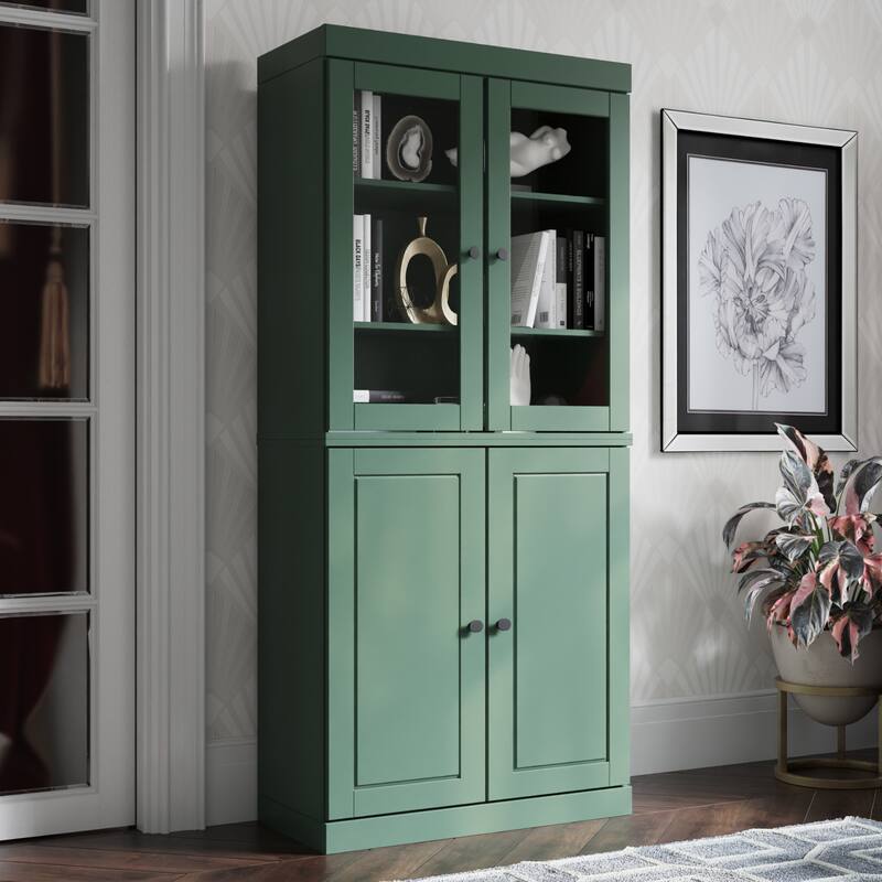 Palace Imports Solid Wood 6-Shelf Bookcase, Raised Panel Clear Glass Doors, Adjustable Shelves - Green