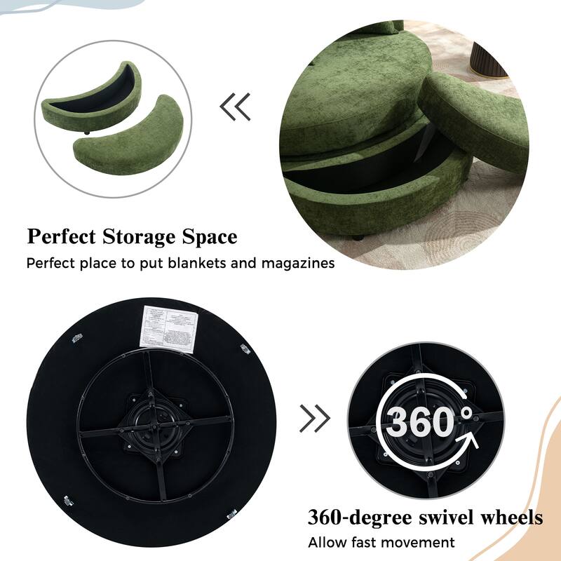 Roomfitters Modern 360° Swivel Barrel Chair with Hidden Storage Ottoman, Chenille Upholstery and Four Pillows