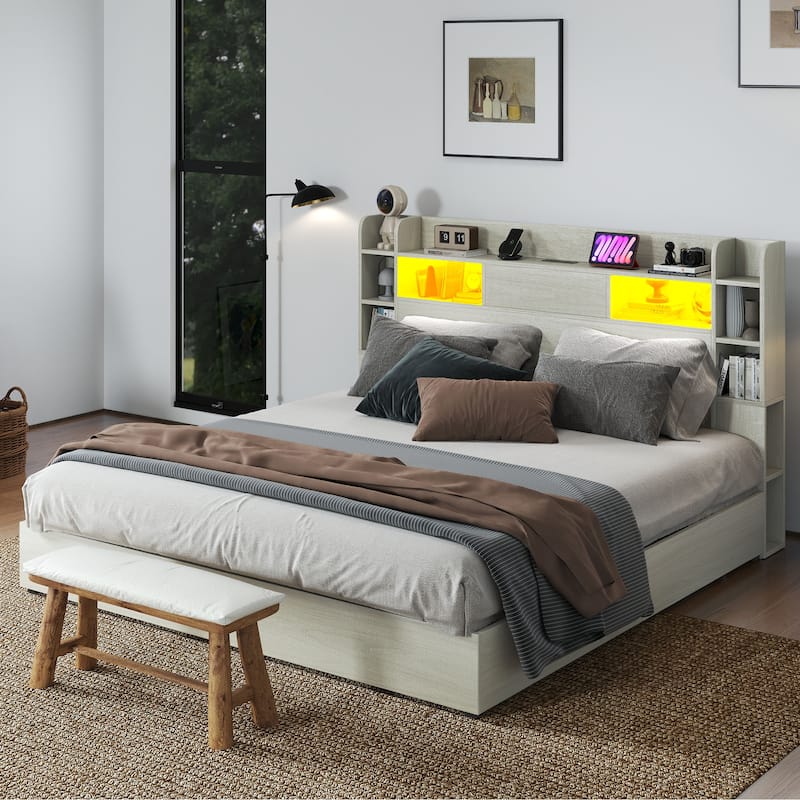 Moasis LED Bed Frame with Bookcase Headboard, 4 Storage Drawers and Type-C USB Charging Station - White Oak - King