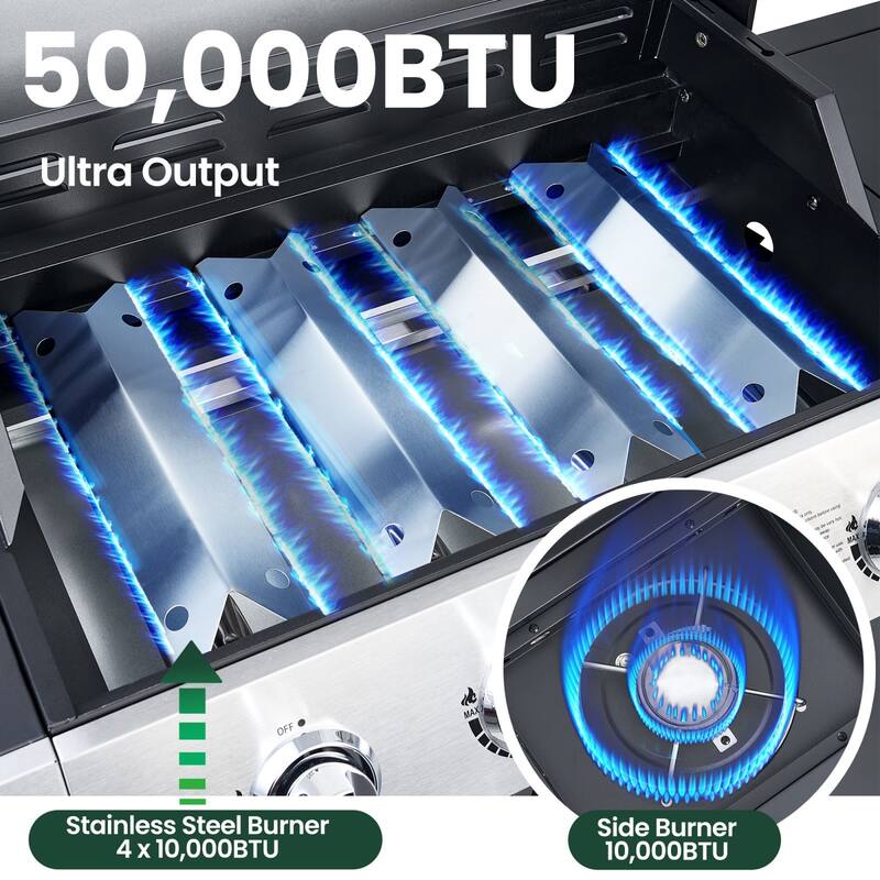 4-Burner Propane Gas Grill with Side Burner and Cabinet Storage, 474 Sq. In. Stainless Steel Outdoor BBQ Grill - N/A