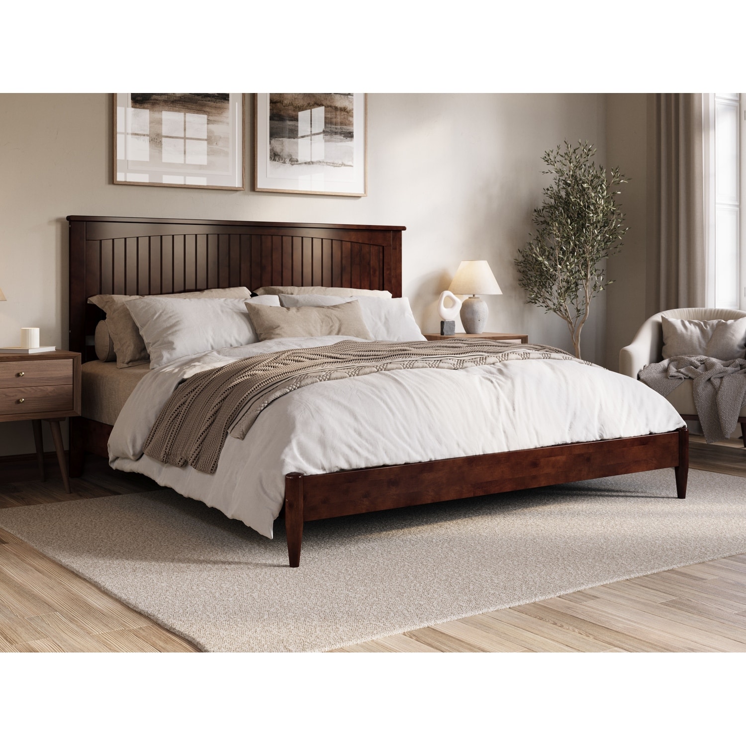 King Size Wood Platform Bed - Low Profile Modern Bed Frame Walnut Finish