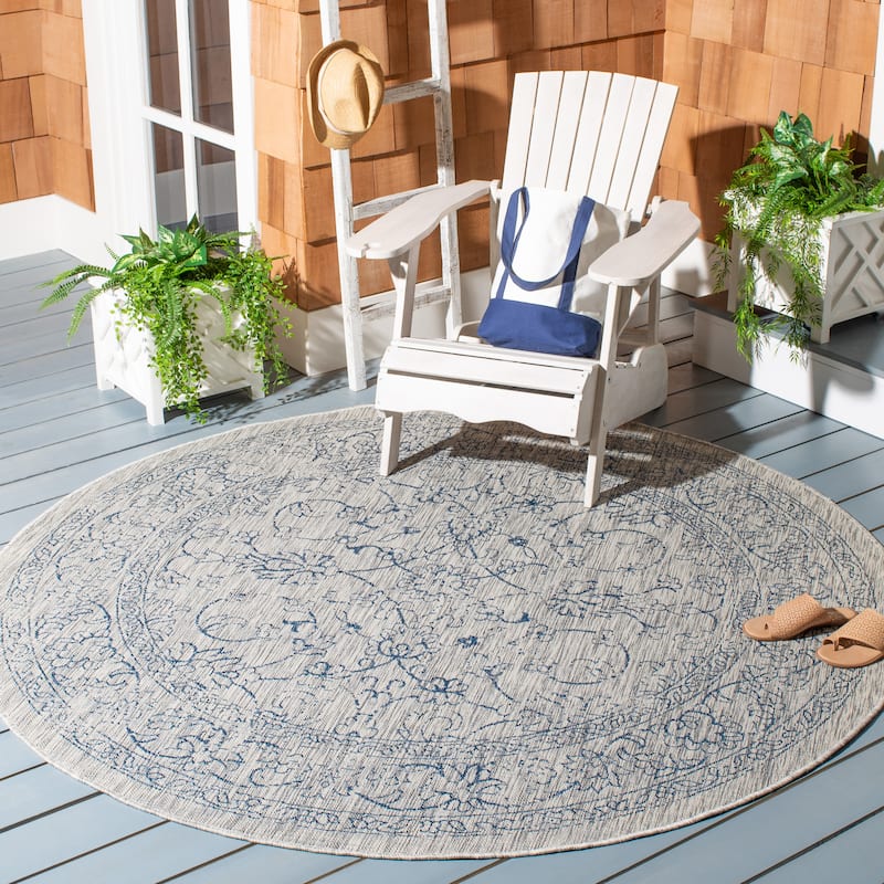 SAFAVIEH Courtyard Aquata Indoor/ Outdoor Waterproof Patio Backyard Rug - 6'7" Round - Grey/Navy