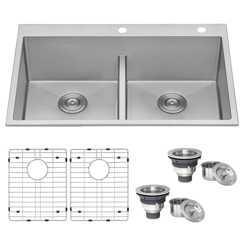 Ruvati 33 x 22 inch Drop-in 50/50 Double Bowl Tight Radius 16 Gauge Topmount Stainless Steel Kitchen Sink - RVH8051 - 8' x 11'