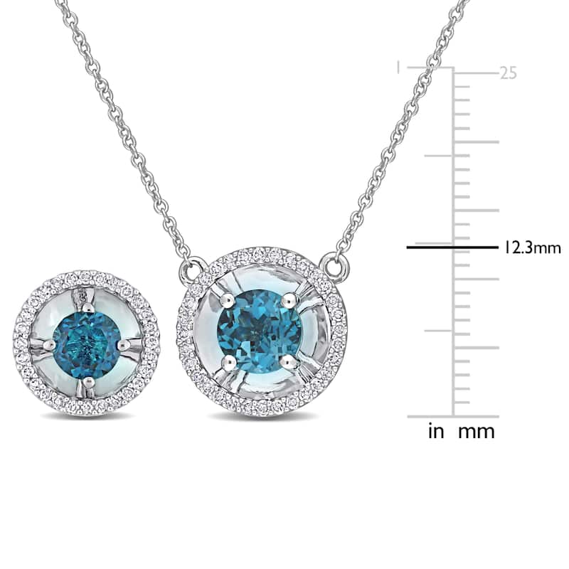 Miadora 2 1/8ct TGW London Blue Topaz 2/5ct TW Diamond Halo Earrings Necklace Set 10k White Gold