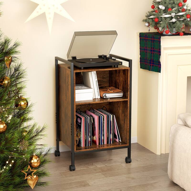 3-Tier Record Player Stand with USB Type-C Ports Vinyl Storage and Lockable Rolling Wheels - 19.5" x 16" x 33.5"