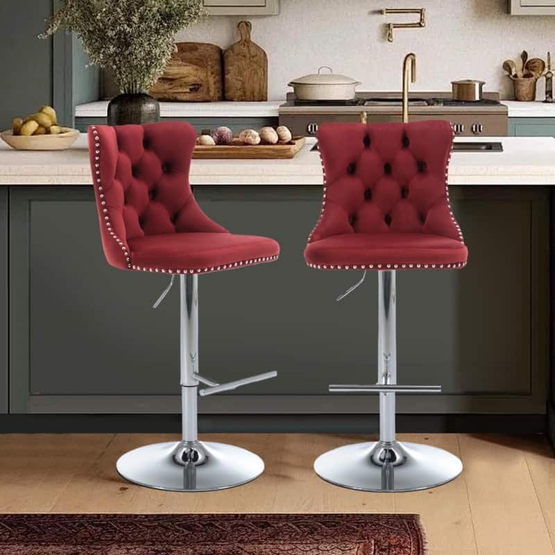 Velvet Upholstered Nailheads Tufted Swivel Bar Stools (Set of 2)