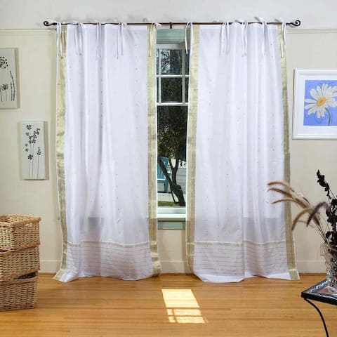 White with Gold Tie Top Sheer Sari Curtain / Drape / Panel - Pair