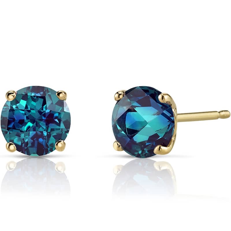 14k Yellow Gold Alexandrite Stud Earrings 2 ct Round Shape