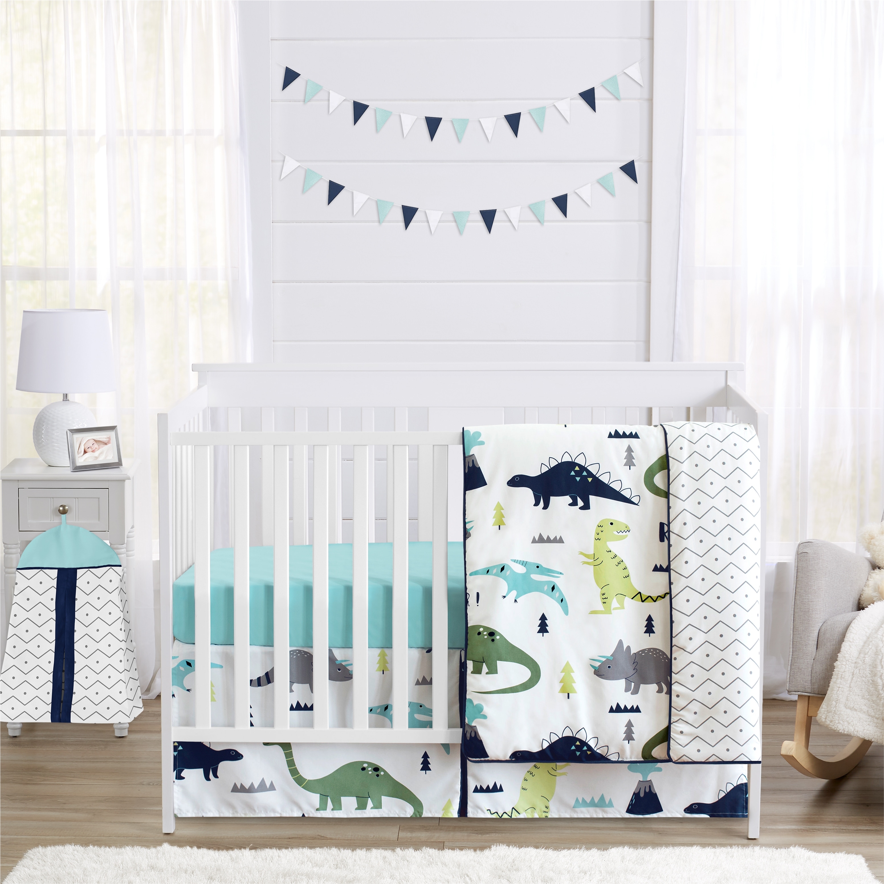 Sweet Jojo Designs Navy Blue And Green Modern Dinosaur Baby Boys Or Girls 4 Piece Crib Bedding Set For Mod Dino Collection
