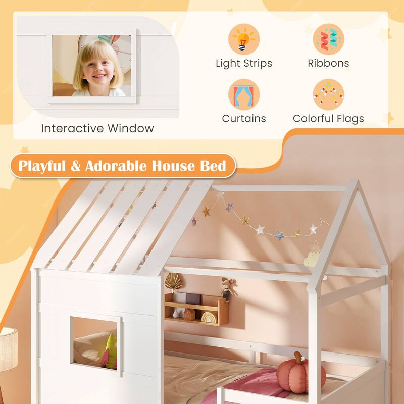 White Twin Size Loft Bed with LED Light House Design Bookshelf and Under Bed Play Space Pine Wood Frame for Kids