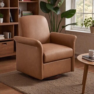 Faux Leather Swivel Accent Barrel Chair with 360 Degree Rubberwood Base ...