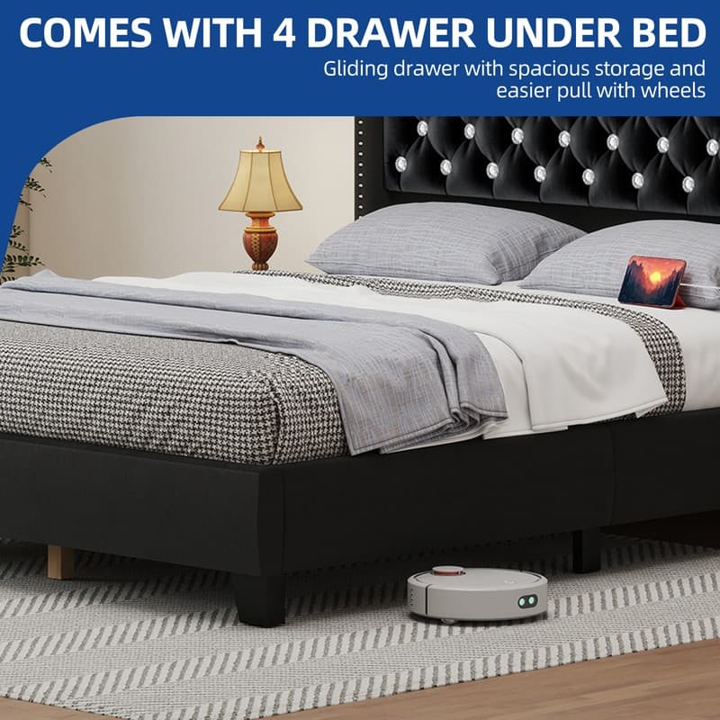 Moasis King/Queen Size Velvet Upholstered Bed Frame with Storage Headboard with USB Charging Stations