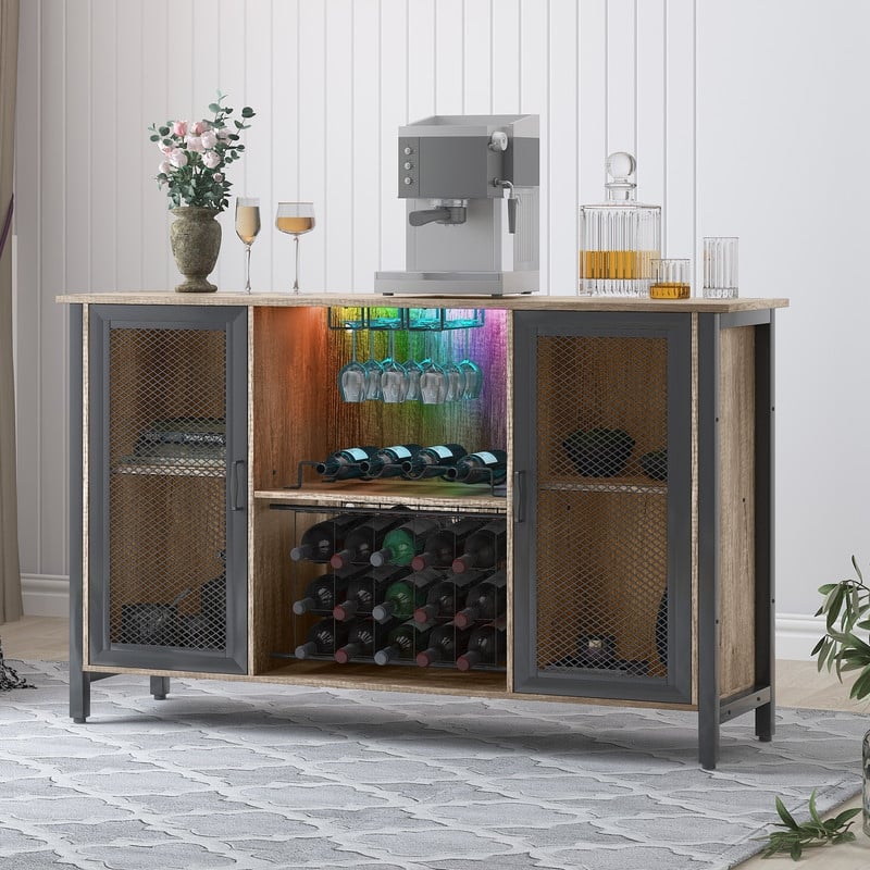 Mixoy LED Wine Bar Cabinet,Home Bar Industrial Sideboard Storage Buffet Cabinet,Farmhouse Coffee Bar Cabinet for Liquor,Glasses - 53.2"D x 13.8"W x 32.3"H - RGB LED