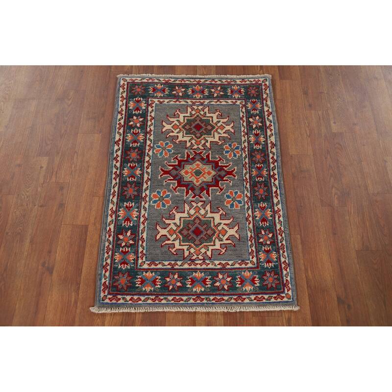 Hand Knotted Oriental 100% Wool Carpet Traditional Geometric Greys & Charcoal Kazak Area Rug - 2' 10'' X 1' 11''