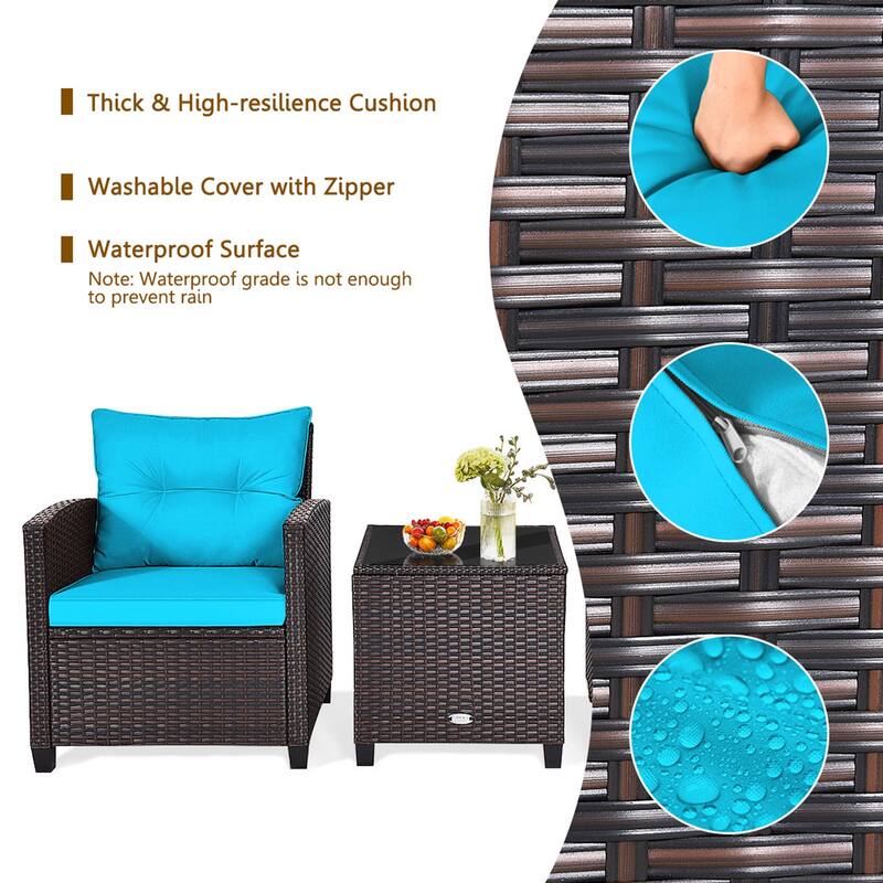 Gymax 3PCS Outdoor Patio Rattan Conversation Set w/ Coffee Table - See Details