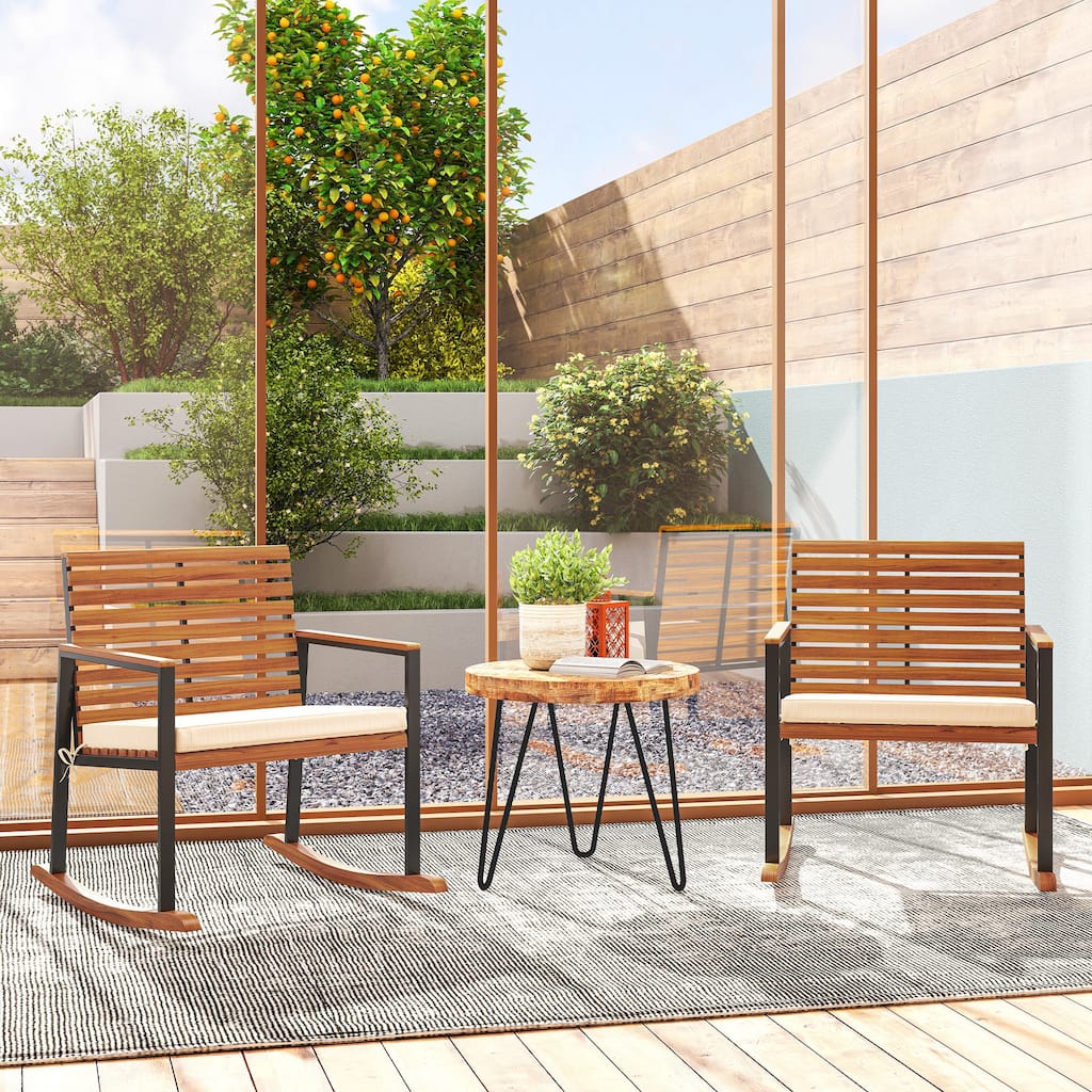 Outsunny Outdoor Rocking Chair Set of 2, Acacia Wood Outdoor Rockers with Armrests, Cushion