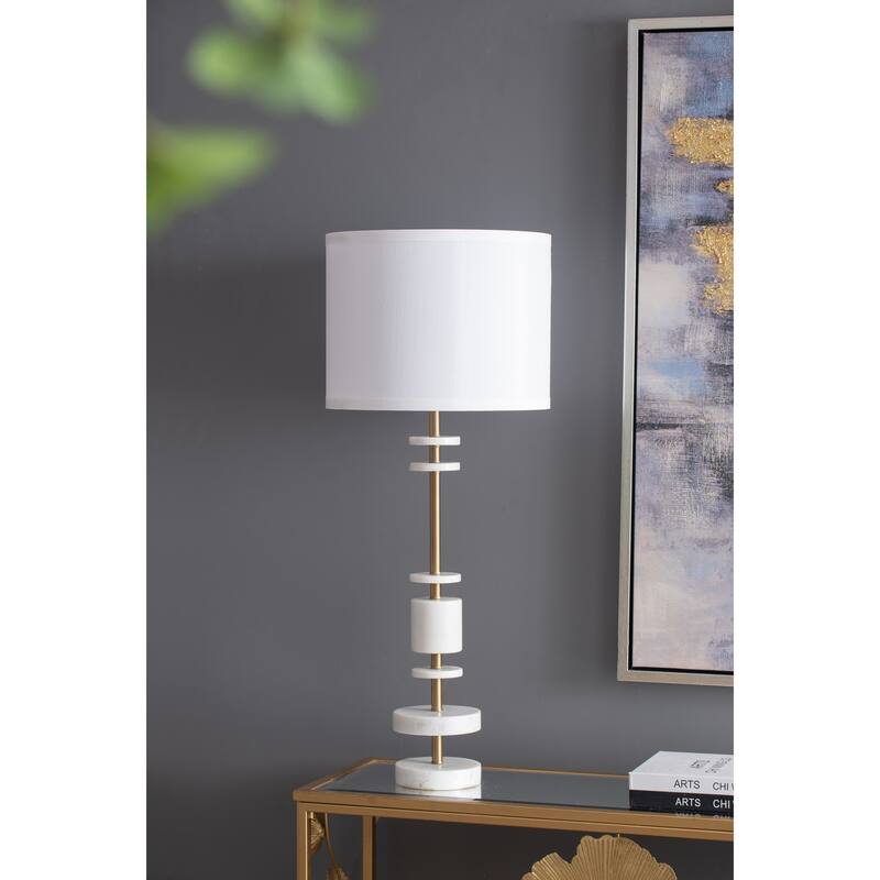 Marble Table Lamp with Brass Frame and White Fabric Shade Modern Vintage Style - White