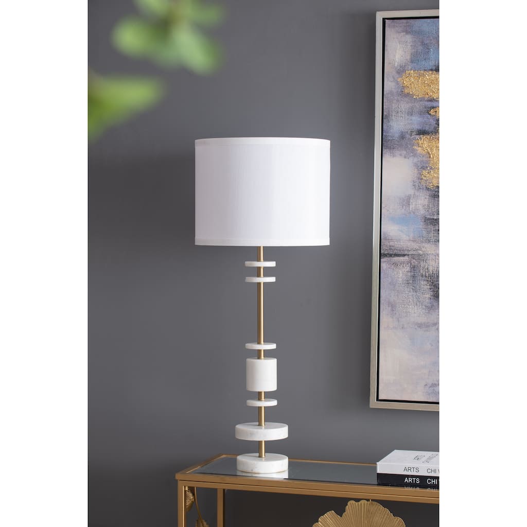 Marble Table Lamp with Brass Frame and White Fabric Shade Modern Vintage Style