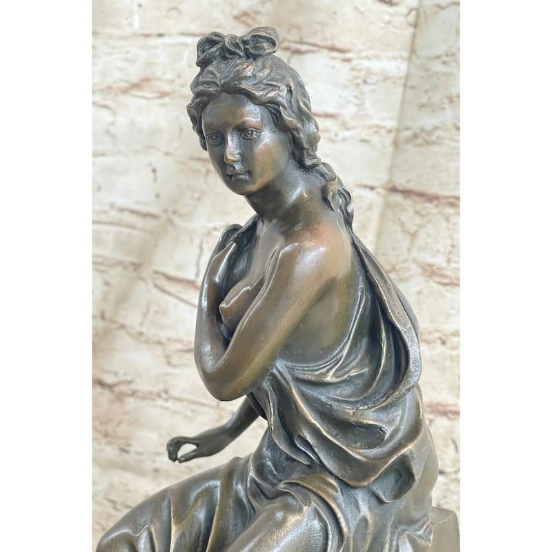 Graceful Bronze Sculpture Of A Seated Woman - Art Nouveau Style On Marble Base