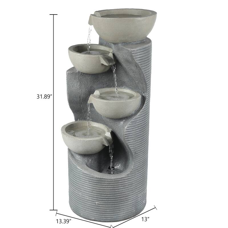 Modern Gray CementTiered Bowls Outdoor Fountain with Lights
