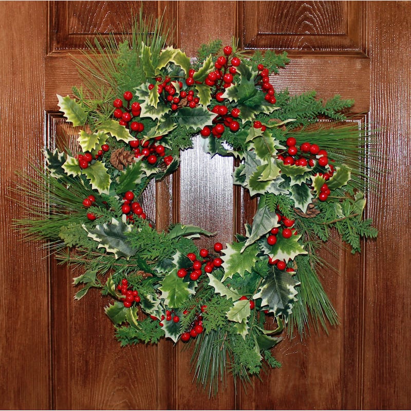 22" Variegated Holly Pine Berry Wreath - Multicolor
