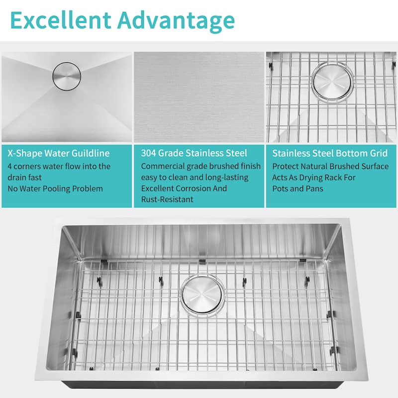 32 x 18 inch Undermount Kitchen Sink Single Bowl 304 Premium Stainless Steel Kitchen Sinks - 32*18*9