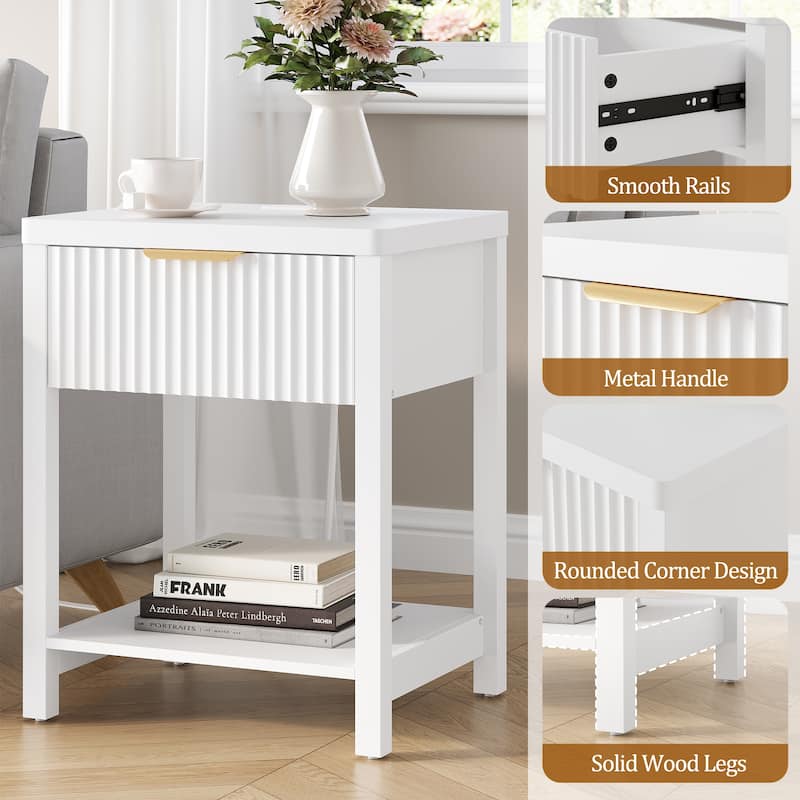 Nightstand with Drawers Fluted Bedside Table with Charging Station
