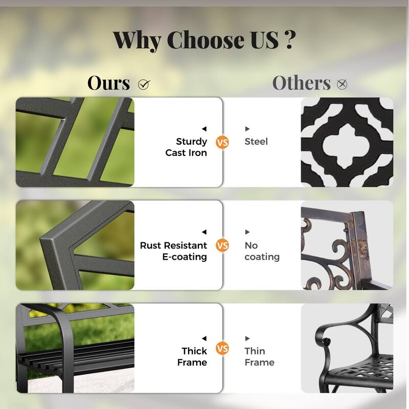 MAISON ARTS 43 Inch Cast Iron Steel Frame Outdoor Garden Bench