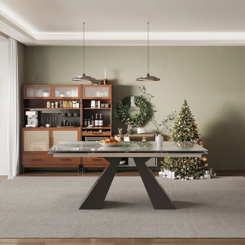 110.24" Extendable Rectangular Sintered Stone Double Pedestal Dining Table Seat 8-10