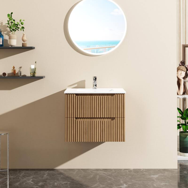 24" Wall-Mount Bathroom Vanity Cabinet with White Basin Sink Combo Floating, Walnut - Walnut
