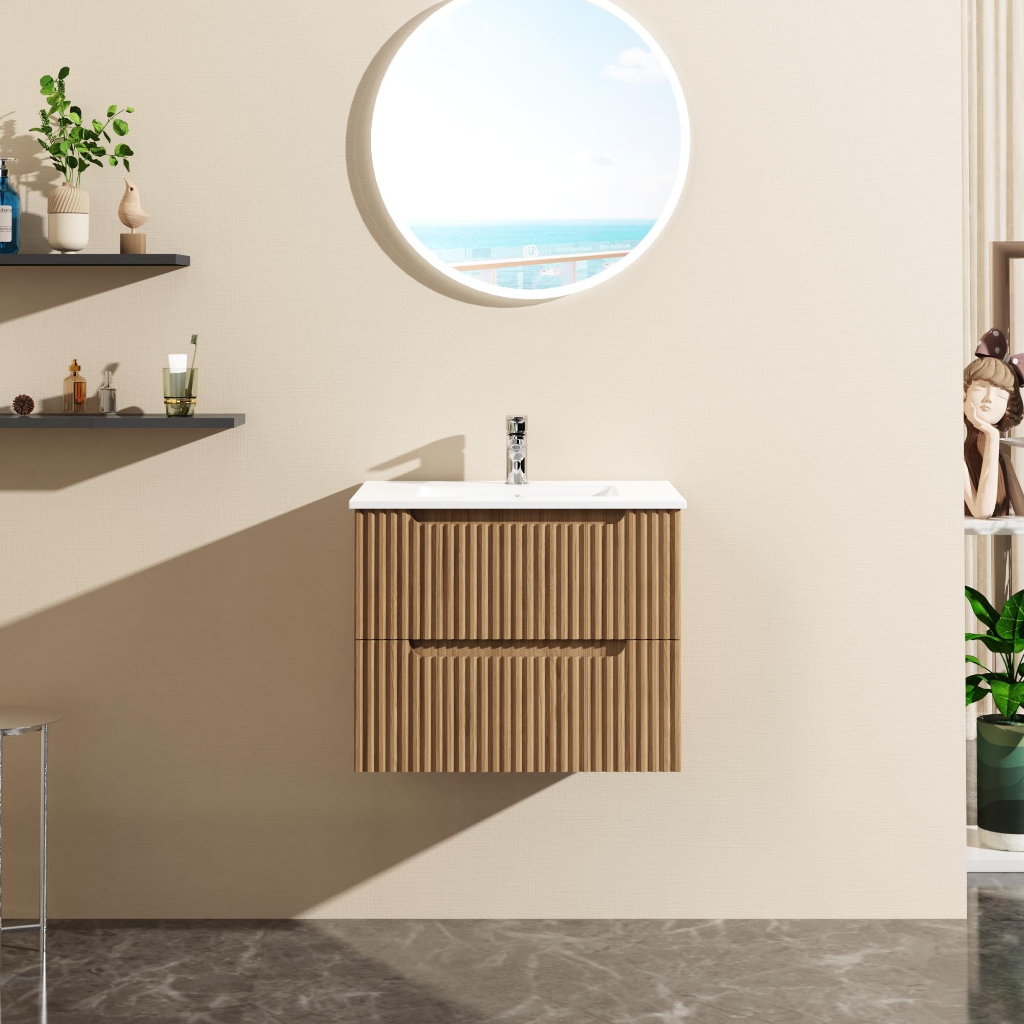 24" Wall-Mount Bathroom Vanity Cabinet with White Basin Sink Combo Floating, Walnut