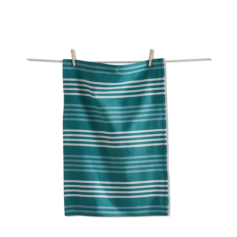 Teal Basket Weave Stripe Dishtowel - Cotton Kitchen Towel for Everyday Use, Machine Washable, 26 x 18 Inches - Teal Blue