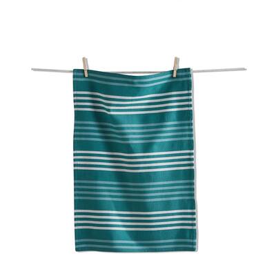 Teal Basket Weave Stripe Dishtowel - Cotton Kitchen Towel for Everyday Use, Machine Washable, 26 x 18 Inches - Teal Blue