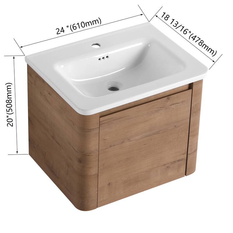 24'' Wall-Mounted Bathroom Vanity with White Ceramic Sink & 1-Soft-Close Door, KD-Packing, Plywood