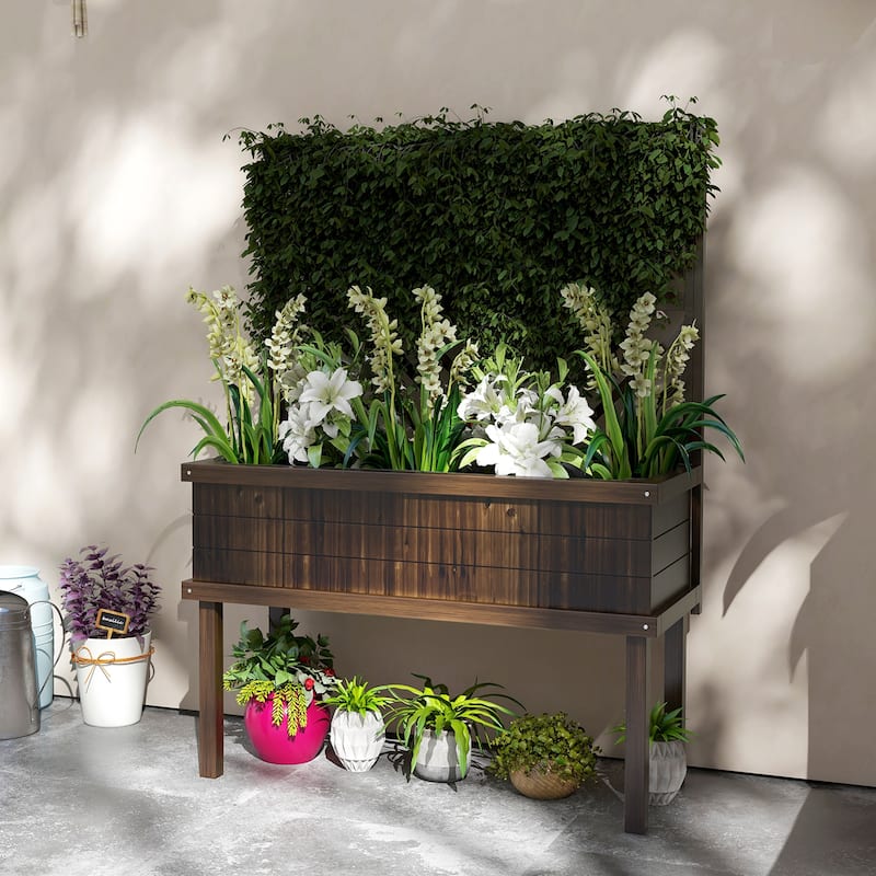 Outdoor Raised Garden Planter Box with Trellis, Self-Draining Design - Brown