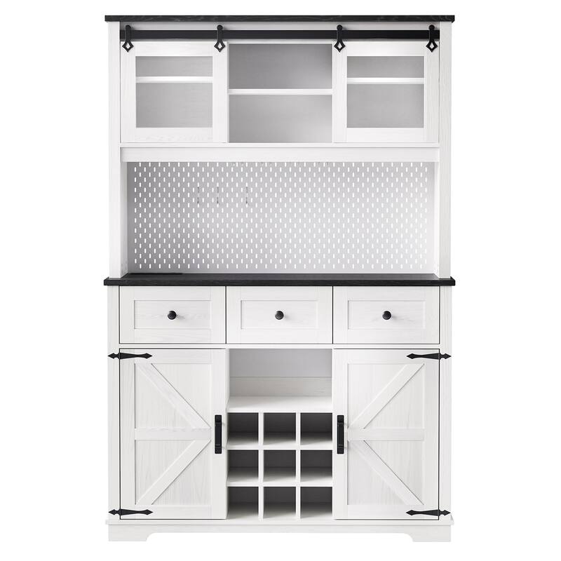 47.25'' Farmhosue Pantry Bar Cabinet in White Oak with Hutch,Power Outlet,Pegboard,Wine & Glasses Rack and 3 Drawers