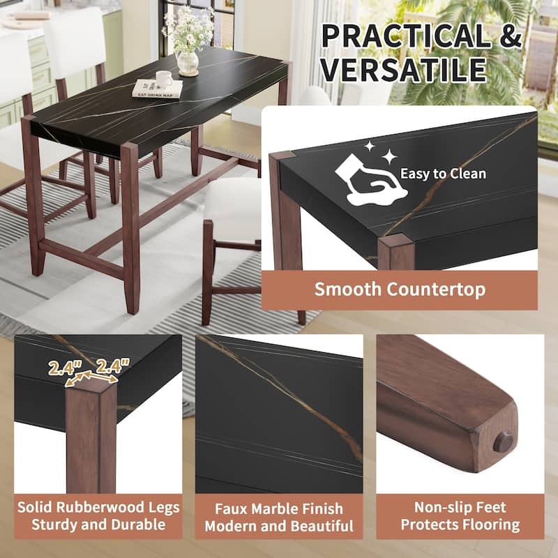5-Piece Counter Height Dining Table Set, Faux Marble Bar Table And 4 Upholstered-Seat Chairs, Mid-Century Modern Dining Set