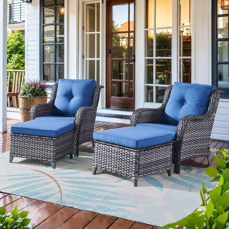 Gymojoy 4-Piece Outdoor Wicker Patio Furniture Chair Set, Rattan Coversation Set with Water Resistant Thick Cushions - Grey Wicker / Blue Cusion - 4-Piece
