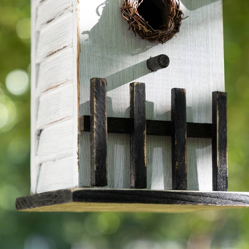 Glitzhome 11"H Washed White Solid Wood Fence Outdoor Garden Birdhouse