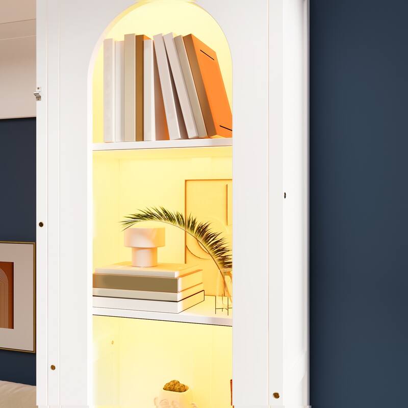 Queen Size Murphy Platform Bed with 2 Arched Cabinets Shelf Drawers and Light Strips, Space-Saving Storage Bed Cube Foldable Bed