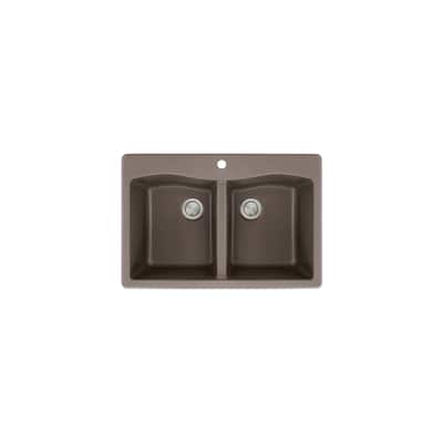 Transolid Aversa 33in x 22in silQ Granite Drop-in Double Bowl Kitchen Sink with 1 Pre-Drilled Center Faucet Hole